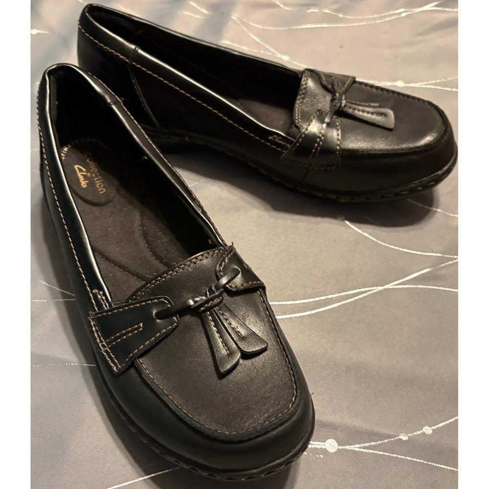 Clarks Collection Black Leather Loafers Ultimate Comfort Bow Tassel Shoes 8 M